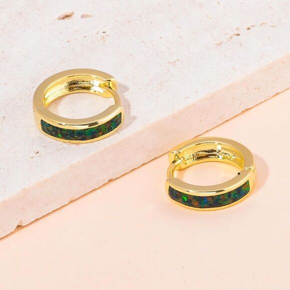 14K Yellow Gold with Genuine Green Black Fire Opal Huggie Hoop Hinge Earrings - Picture 2 of 4